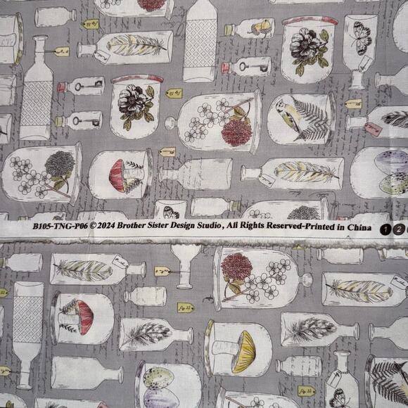 Nature Apothecary Jars with Feather, Flower, Mushroom on Gray - 1/2 Yard - Picture 7 of 8